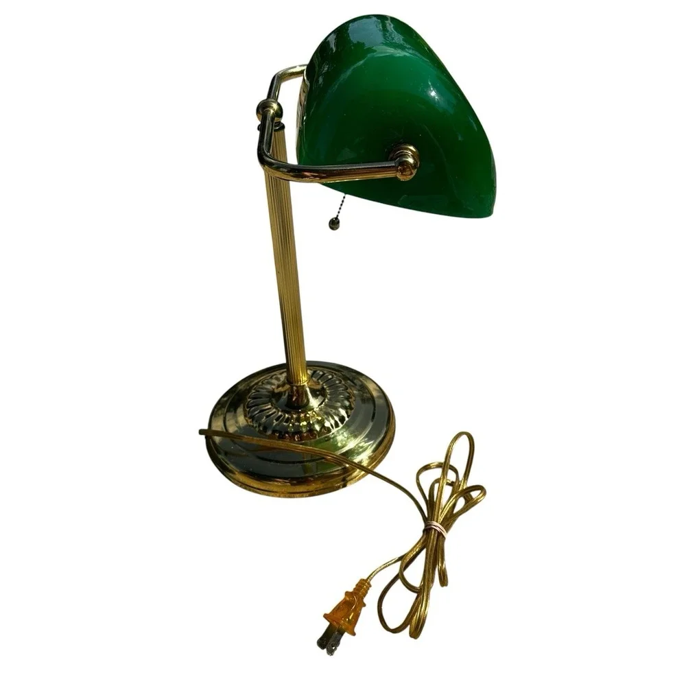 Vintage Brass Bankers Lamp Desk Emerald Green Glass Shade Emeralite 1970s/1980s